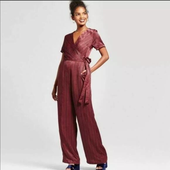 Xhilaration Pants - Xhilaration Burgundy & Black Striped Wrap Jumpsuit